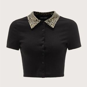 Shein Leopard Collared Button Front Crop Top